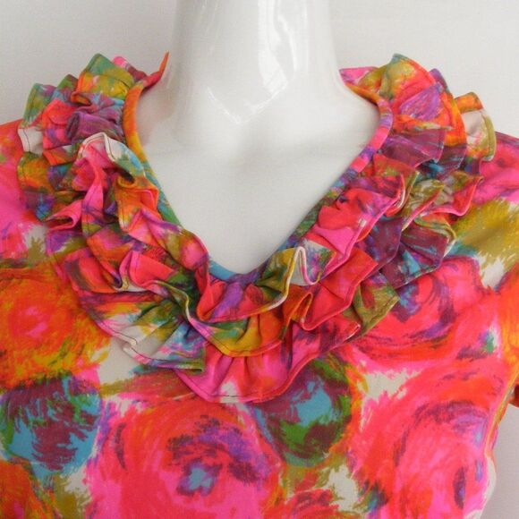 60's Vintage Dress, XS/S, Bright color, Ruffle neck/Cuffs, Abstract Floral - Picture 7 of 10